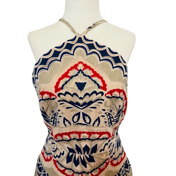 BCBG Max Azria Fleur Dress Size 6 Beige Blue Red Paisley Halter Mini Fit Flare - Picture 7 of 15